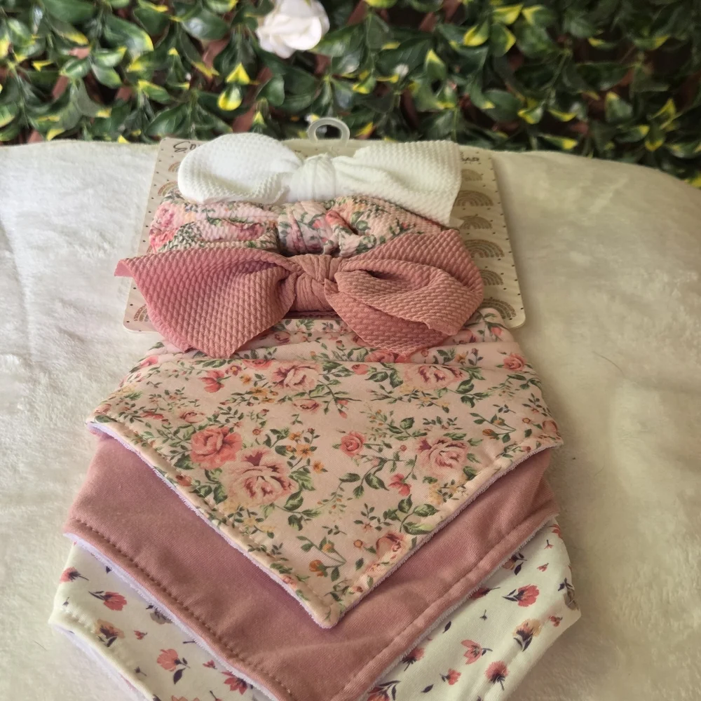 Baby Bow Headband Bandana Bib 6 Pack Gift Set Pink White Floral Danbar NWT